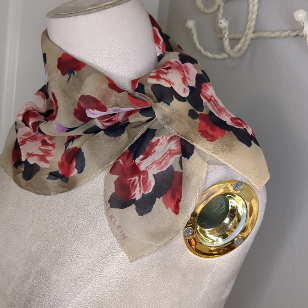 Vintage Anne Klein Red & Tan Floral Scarf Sheer Square Preppy Office Career
